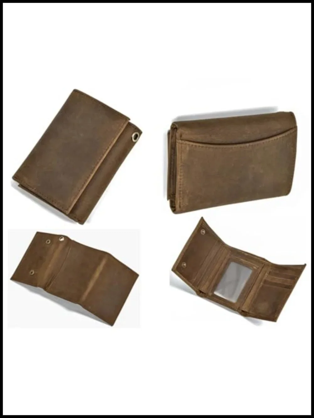 Genuine Leather Trifold Wallet with Metal Chain for Men - RFID Blocking Card